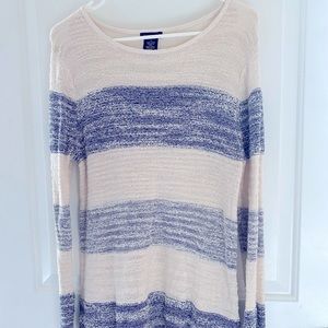 Calvin Klein cream and denim blue striped long sweater with silky sheer back